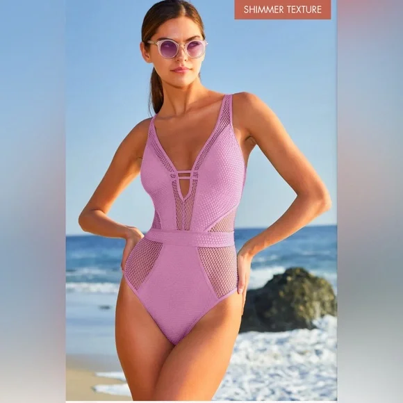 NEW Becca Plunge Metallic Mesh Swimsuit - Picture 2 of 9